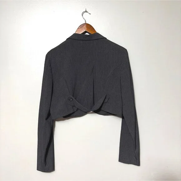 Y2K Charcoal Gray Pinstripe Cropped Blazer Jacket XL By MKM Designs - Picture 3 of 4